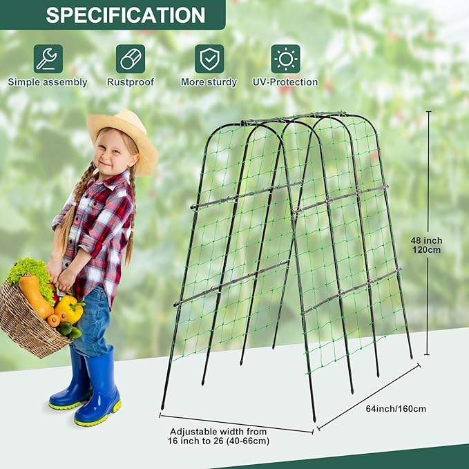 Garden Cucumber Trellis for Climbing Plants Outdoor, 65 x 48 inch U-Shaped Garden Arch Trellis, Pea Tomato Cucumber Trellis for Garden Raised Bed, 120x160-BLK