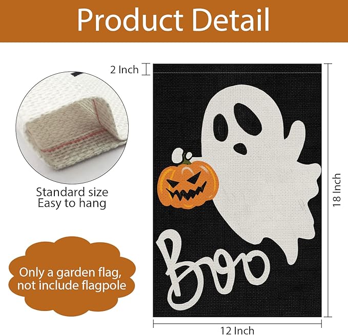 Halloween Ghost Garden Flag 12x18 Inch Double Sided Outside, Spooky Boo Garden Flag Welcome Holiday Yard Outdoor Decoration