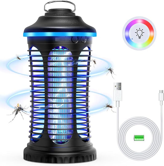 Rechargeable Bug Zapper Outdoor & Indoor, Mosquito Zapper, Fruit Fly Trap, Gnat Moths Catcher, 4200V Grid, USB Charging, 4000mAh Battery, Fit for Home, Kitchen, Backyard, Camping, Patio, Black