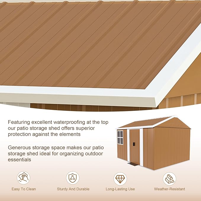 10x8 FT Outdoor Steel Storage Shed with Clear Windows, Sliding Lockable Door & Ventilation, Brown and White Weather-Resistant Metal Tool Shed for Garden, Backyard, Lawn, and Utility Storage