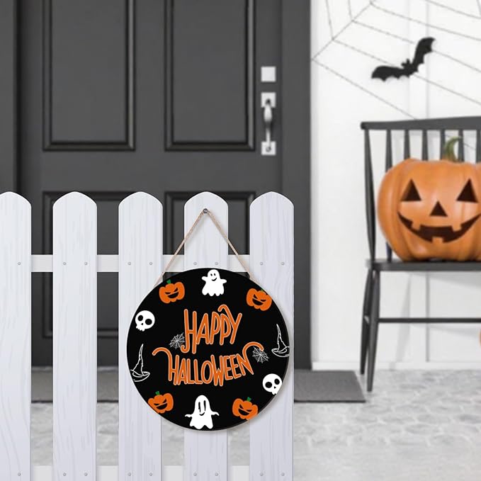 Halloween Decorations, Happy Halloween Wooden Ghost Hanging Sign for Front Door Hanger Wreath Decor, Wreath Cute Ghost Pumpkin Bat Front Door Decorations Hanging Sign, Indoor Outdoor Yard Wall Party
