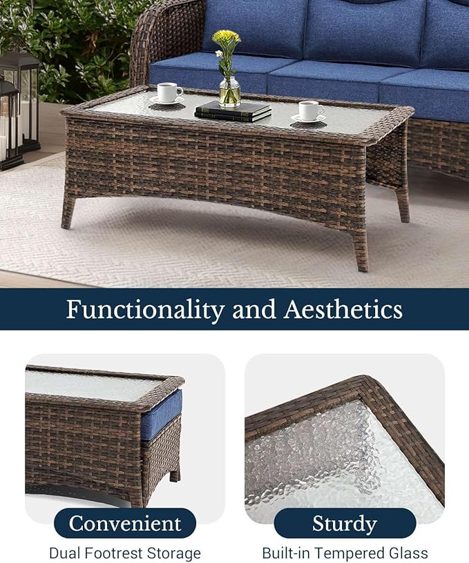 HILLGA Luxury Patio Furniture Set with 6-Inch Thick Cushions, High Back Outdoor Swivel Rocker Chairs Patio Loveseat and Couch, 6-Piece All Weather Conversation Set for Porch Deck Pool Yard, Blue (V3)