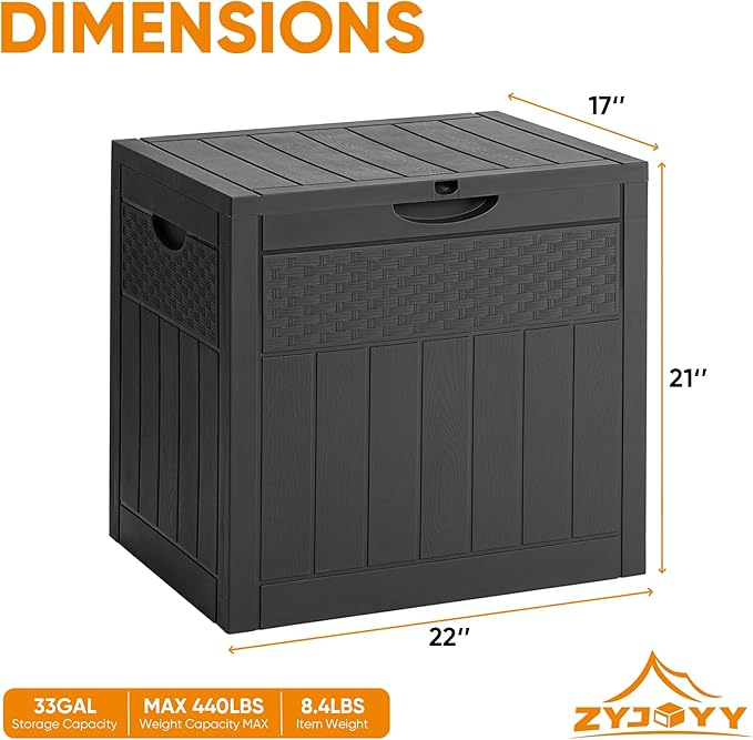 33 Gallon Resin Deck Box, Weatherproof Outdoor Storage Box for Patio, Garden, Pool, and Yard, Lockable Waterproof Bin for Tools, Cushions, and Accessories, Black