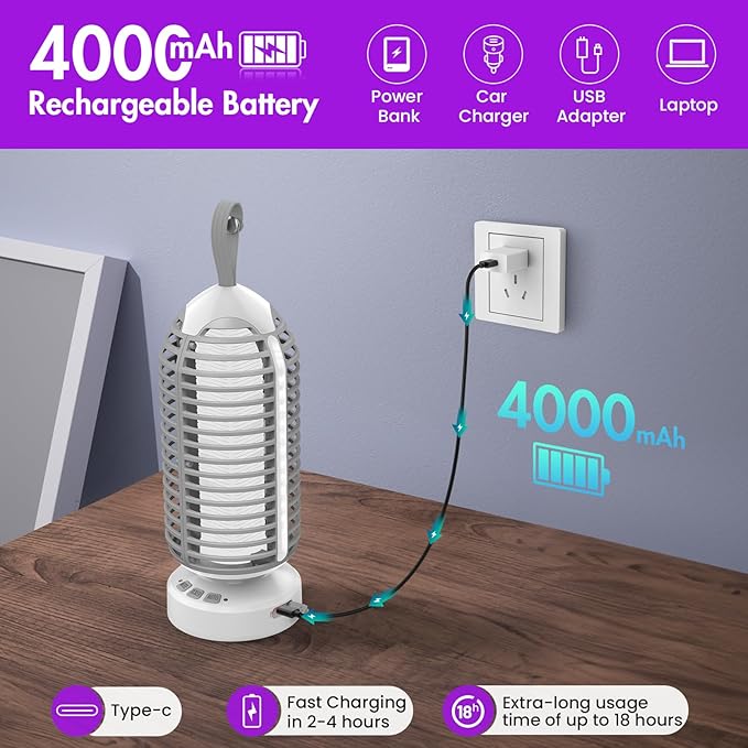 Bug Zapper Outdoor with Colorful Lighting and Auto-Sensing, 3 in 1 Cordless 4000mAh Battery Electric Fly Trap, Rechargeable Mosquito Zapper for Camping, Patios, Garden, Kitchen (1Pack-Grey)