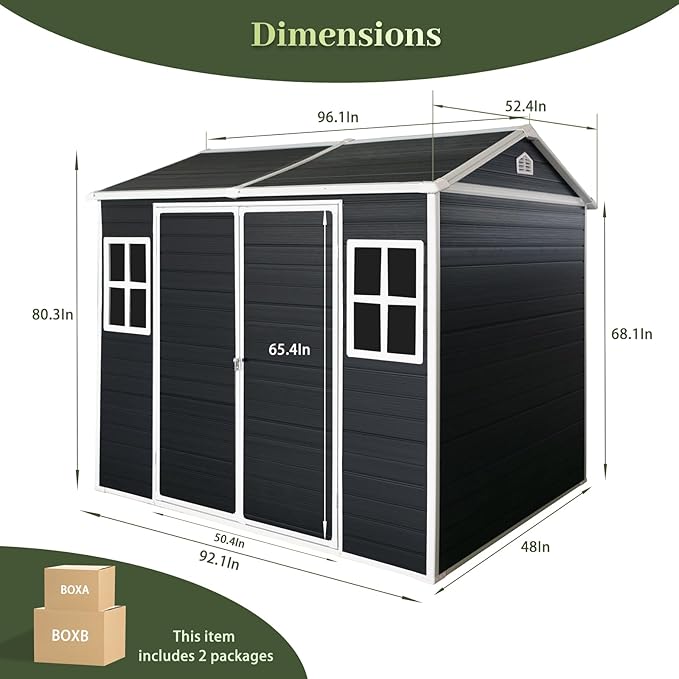 8x4 FT Resin Storage Sheds Outdoor with Floor Included, Plastic Sheds & Outdoor Storage Clearance with 2 Windows and Lockable Door, Backyard Storage Sheds for Garden Tools, Bike