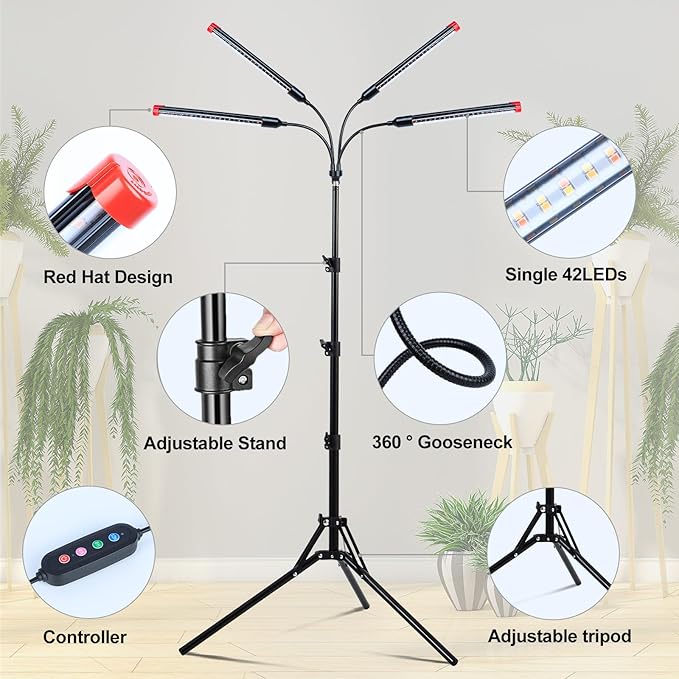 4Head Grow Lights for Indoor Plants, Seed Starting, Vegetables, Bonsai with Tripod Stand and Auto On/Off Timer 4/8/12H, 36W Power Full Spectrum Standing LED Plant Growing Lamps, 360° Gooseneck
