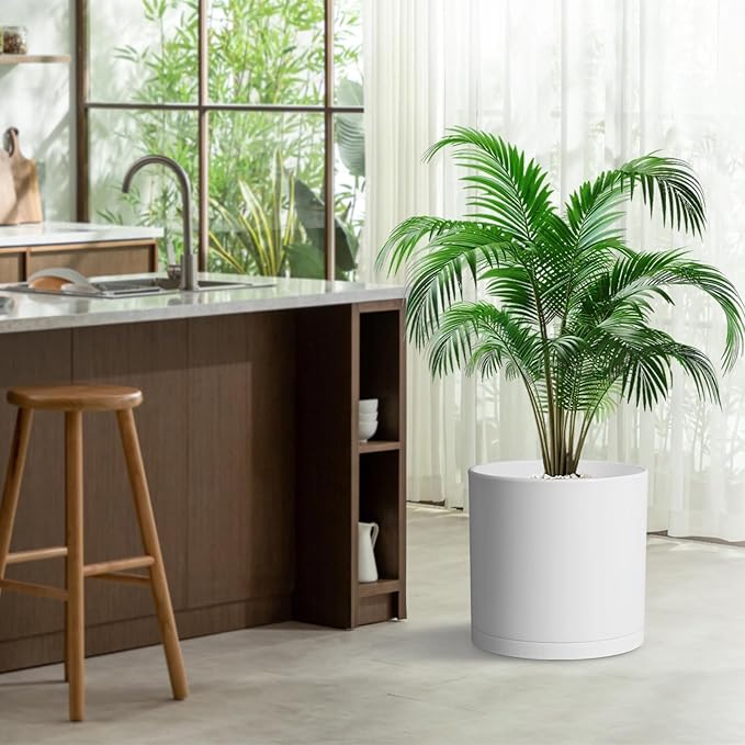 Cylinder 8 inch Plant Pots, Mordern Plastic Planters with Drainage Holes and Saucers for Indoor Outdoor Plants Flowers, White