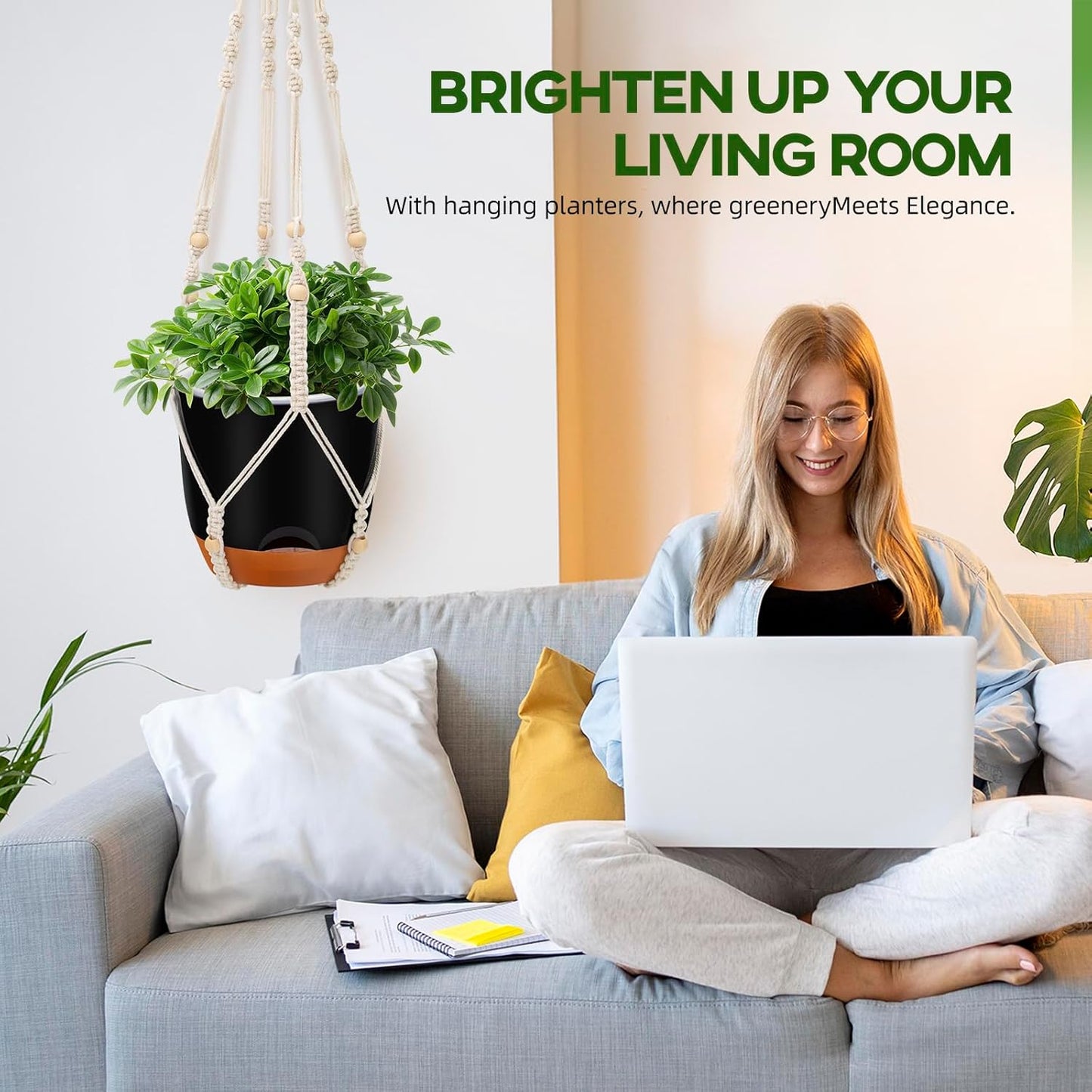 2-Pack Self-Watering Hanging Planters for Indoor & Outdoor Plants,34-Inch macrame hanger plant pots indoor with drainage,5.7-Inch Small Hanging Planters & Baskets in Black,With two sets of hooks