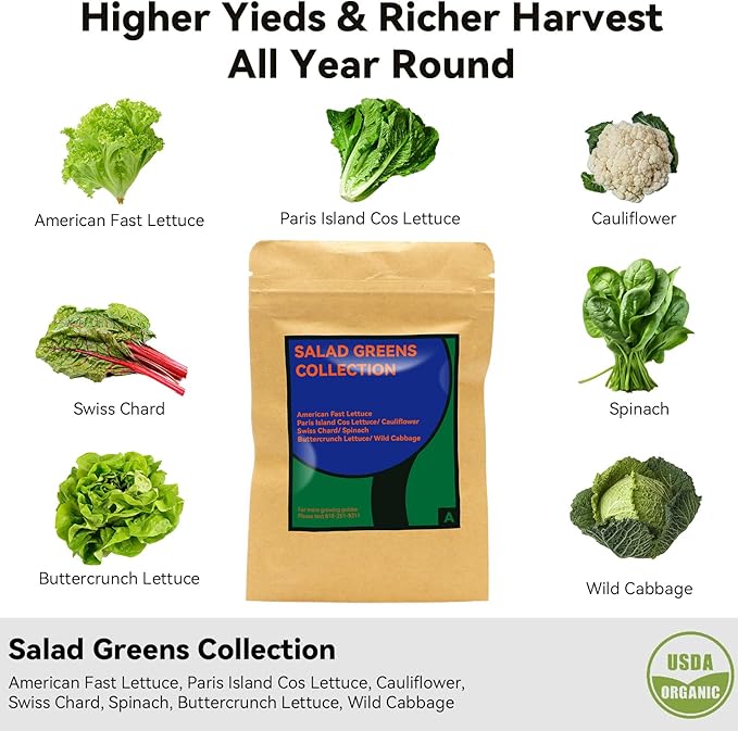 Salad Greens Seed Pod Kit for AeroGarden Hydroponics Growing System, Indoor Home Garden with American Fast/Paris Island/Buttercrunch Lettuce, Swiss Chard, Spinach, Cauliflower and Wild Cabbage, 7 Pods