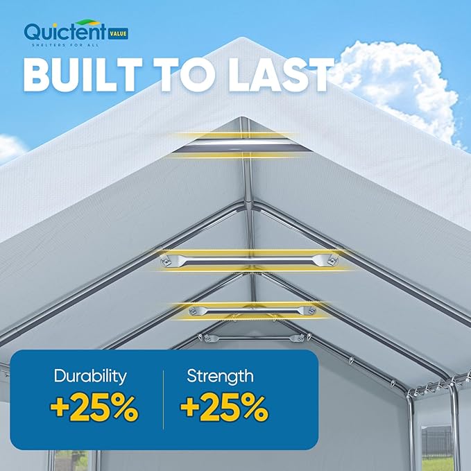 Quictent 12x20 ft Heavy Duty Carport Canopy Galvanized Car Tent Outdoor Garage Boat Shelter with Reinforced Structure with Roll-up Ventilated Windows Sidewall - White
