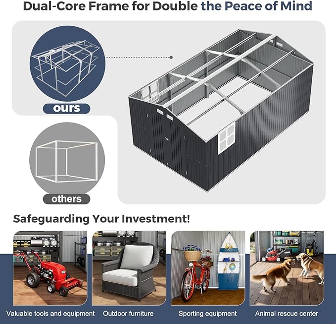 Metal Shed 10x16 FT Large with Customizable Skylight and Reinforced Steel Frame, Heavy-Duty Galvanized Steel Big Garden Sheds with Lockable Doors,4 Pane Windows, Large Utility Tool Sheds