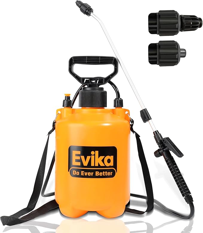 Evika 1 Gallon Pump Pressure Sprayer - Garden Sprayer With Adjustable and Fan Nozzles, Spray Bottle for Weeds, Water, Plants - Pressure Relief Valve for Cleaning