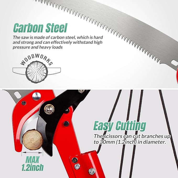 Suchtale 14ft Pole Saw, Manual Tree Pruner with Sharp Steel Blade, Trimmer with Scissors and High Strength Lightweight Handles for Pruning High Branches, Shrubs and Twigs at Forest Yard Garden Patios