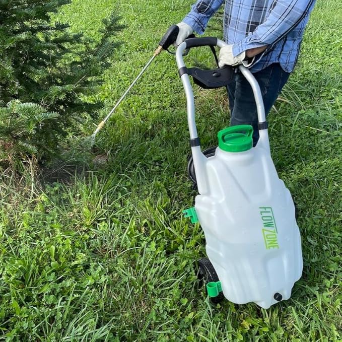 FlowZone Monsoon 2.5 Battery Powered Backpack Sprayer - Variable-Pressure 5-Position Wheeled Lawn Sprayer - 9 Gallon