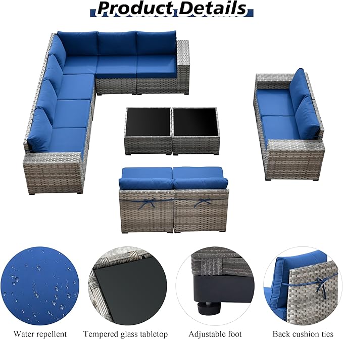 HOOOWOOO 12 Piece Modular Patio Outdoor Sectional Furniture Sofa Set,Wicker Conversation Set,Out Door Couch Set with Wide Arm for Outside All Weather(Navy Blue)