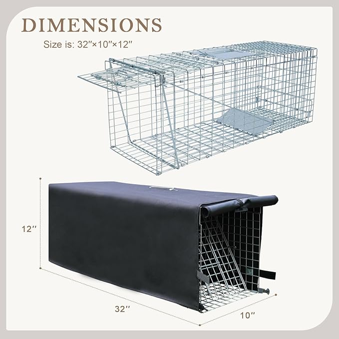 Live Animal Trap Cage with Cover & Gloves, Cat Trap for Stray Cats 32 Inch Heavy Duty Folding Skunk Traps with Real Door for Raccoons, Opossums, Skunks, Feral Cats, Squirrels-(32 x 10 x 12 inches)
