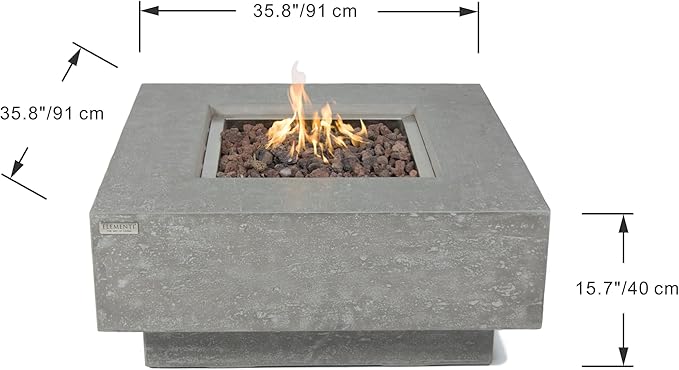 Elementi Manhattan Gas Fire Pit Bundle Concrete Fire Table, Outdoor Fire Pit Electronic Ignition | Canvas Cover, Lava Rock Included | Free AMS Wind Guard | Light Gray (Natural Gas)