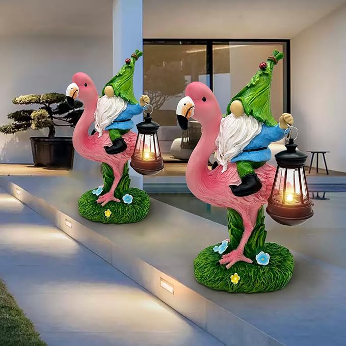 Gnomes Flamingo with Solar Lantern, Whimsical Decor for Garden, Yard, Patio, Lawn, LED Lights - Unique Gift for Women, Mom, Friends(Blue Gnomes)