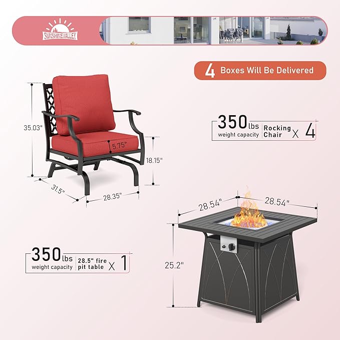 5 Piece Metal Outdoor Patio Furniture Set with Fire Pit Table, Patio Conversation Sets 4 Rocking Chairs with 5.75" Thick Cushion and 5000 BTU Fire Pit Table, Backyard Furniture, Red