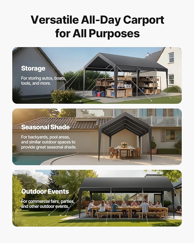 VEVOR Carport, 10 x 20 FT Outdoor Car Canopy, Potable Carport, Heavy Duty Galvanized Car Shelter, UV-Resistant & Water-Resistant, All-Season Protection, Storage Shed for Car Boat Motorcycle Grey