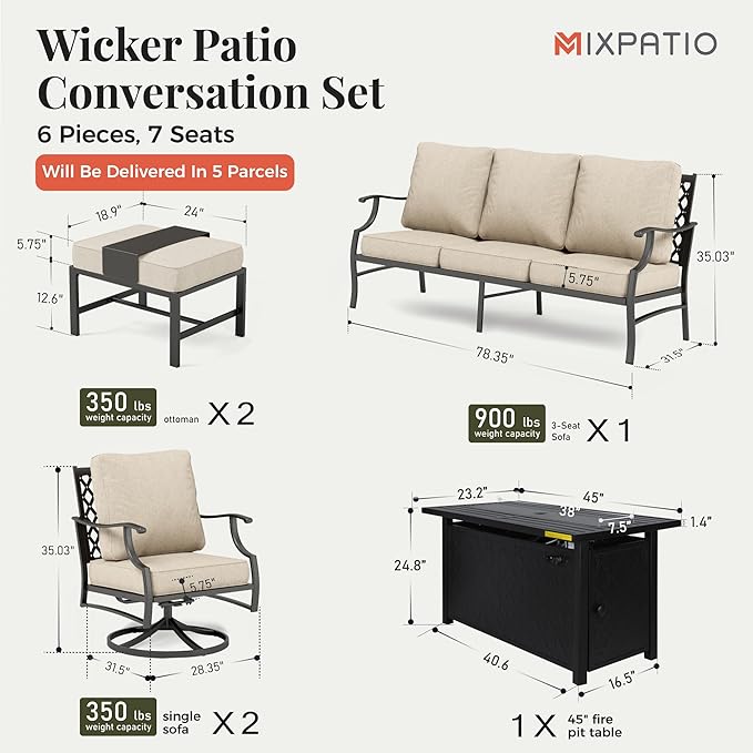Patio Furniture Set, 6 Pcs Metal Outdoor Conversation Set, 2 Swivel Chairs, 2 Ottomans and 3 Seater Sofa with 5.75" Extra Thick Cushion and Gas Fire Pit Table, Beige