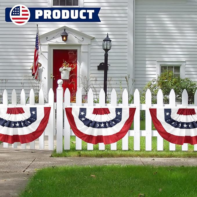 3Pack Pleated Fan Flag, 2x4 Feet Bunting Decoration Flags Embroidered Patriotic Stars & Sewn Stripes Canvas Header Brass Grommets