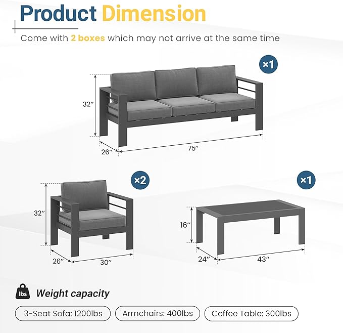 Wisteria Lane 4-Piece Outdoor Patio Furniture Set, Outdoor Sectional Furniture with Upgraded Cushions, Outdoor Conversation Seating Set for Balcony, Garden, Deck, Backyard, Grey