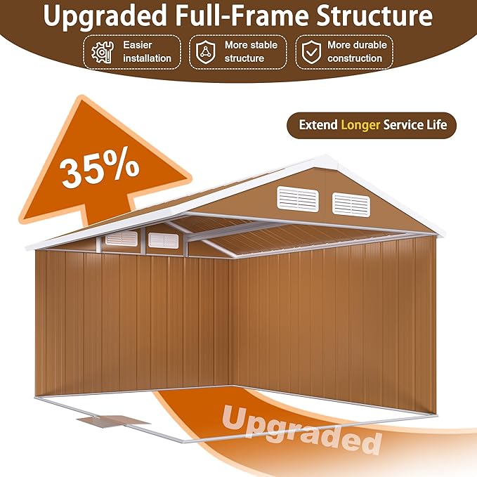 Outdoor Tool Shed 8x12 FT Heavy-Duty Metal Storage Shed with Lockable Door, Windows & Ventilation - Weather-Resistant Roof Garden Shed for Backyard, Patio, Lawn (Brown)