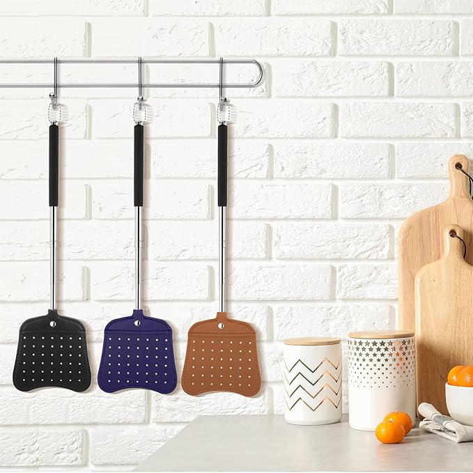 Foxany Leather Fly Swatter, Telescopic Heavy Duty Fly Swatters, Flexible Manual Flyswatters Set, Extendable Swatter with Stainless Steel Long Handle for Indoor Outdoor