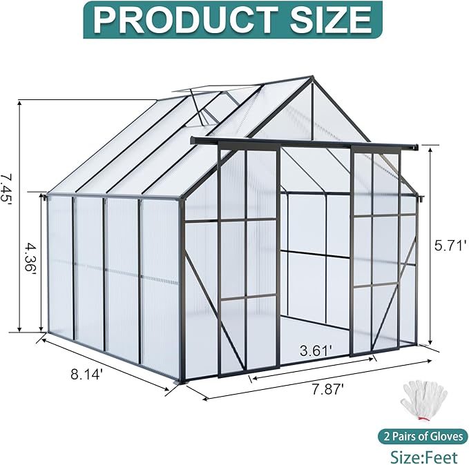 KEIKI 8x8 FT Double Door Polycarbonate Greenhouse with Aluminum Frame,Raised Base and Roof Vent,Walk-in Greenhouses for Patio Garden