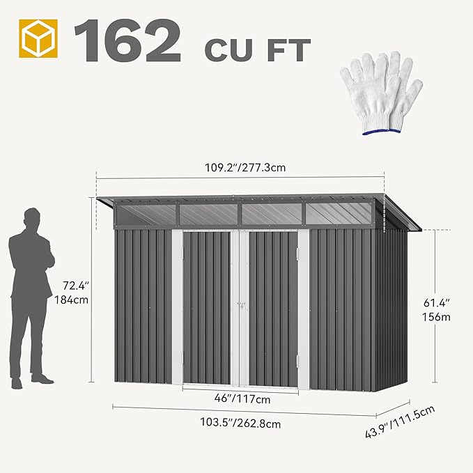 DWVO 9x4 FT Storage Shed for Bicycle, Functional Metal Tool Shelter Garden Storage Unit with Acrylic Windows, Secure Entry Lock, Water-Resistant Waste Enclosure for Outdoor Patio Garden(Dark Gray)