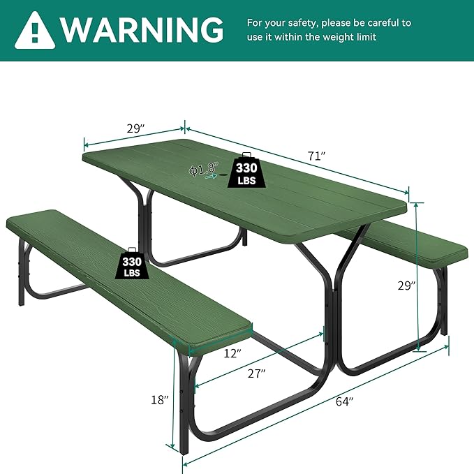 YITAHOME 6ft Outdoor Picnic Table with Wood-Like Tabletop, Sturdy Steel Frame and Umbrella Opening, Heavy Duty Picnic Table Ideal for Yard, Patio, Lawn Gatherings, Green