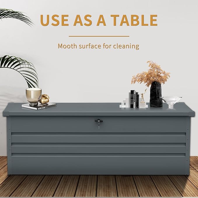 KUIKUI Metal Deck Box Waterproof, Outdoor Storage Box Extra Large, Patio Storage Bench for Pool Cushions Rugs, 260 Gallon