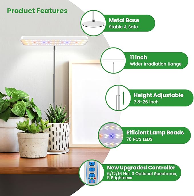 Wiaxulay Grow Light, 78 LED Plant Light for Indoor Plants, Full Spectrum Desktop Growing Lamp with Auto Timer 6/12/16 Hrs, 3 Lighting Modes, 5 Dimmable Levels, Height Adjustable 7.8"-26", 1 Pack