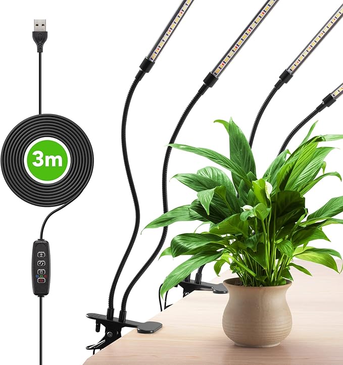 Plant Lights for Indoor Growing, Full Spectrum 4 Heads Clip Grow Lamps with 10 Feet Cables for Houseplants, Auto On Off Timing 3 9 12Hrs(2 Pack)