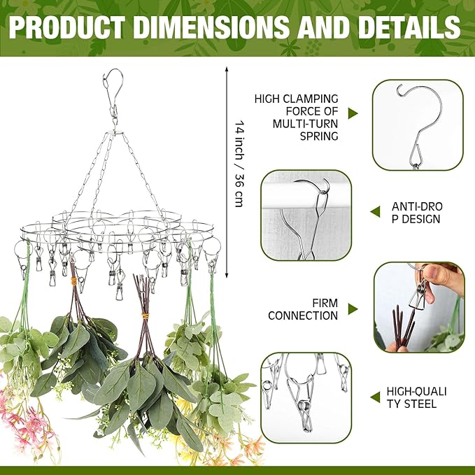 Bokon 4 Pcs Hanging Drying Rack for Herb Macrame Flower with Stainless Clip Dryer Hook for Drying Herb Air Plants Spices Flower Hydroponic Plant Ready to Use with Ceiling Hook(Plum Shape)