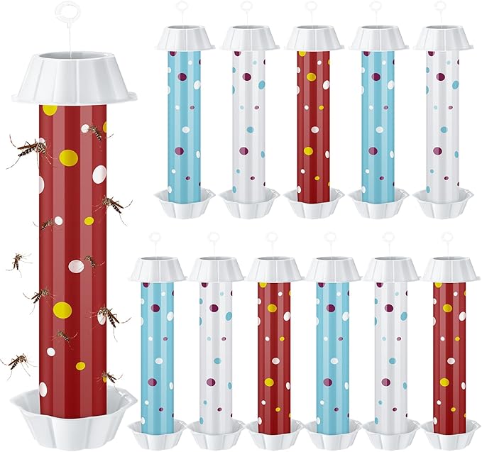 12 Pcs Sticky Fly Trap Fly Stick Indoor Outdoor Long Lasting Adhesive Fly Catcher with Hanging Hook for Wasps Gnats Bugs Insects Moths Fruit Flies Mosquitoes Spiders Fleas (White, Blue, Red)
