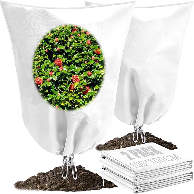 2 Pack Winter Plant Covers Freeze Protection with Drawstring, 39.3" x 39.3" Frost Cloths for Outdoor Plants Covers for Winter Cold Weather Tree Covers Freeze Protection, Shrubs Trees Jacket