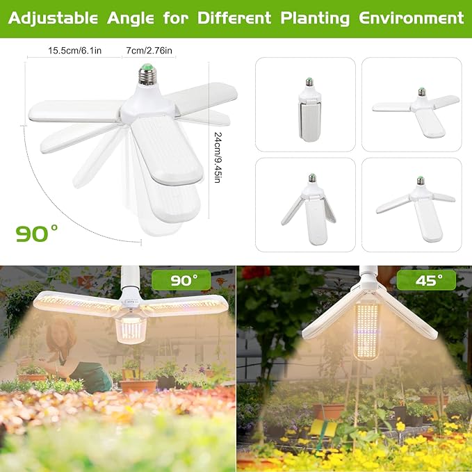 150W LED Grow Light Bulb - Full Spectrum Plant Growing Lamp for Indoor Plants 414 LEDs Light Bulbs E27 Base with Waterproof Foldable Three-Leaf Lamp Body for Hydroponics Garden Greenhouse Houseplants