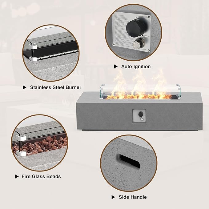 3-Piece Outdoor Propane Fire Pit Table Set – Premium Marble-Like MgO Finish, 56-Inch Gas Fire Table with Tank Table & Glass Wind Guard for Patio, Garden & Backyard, Includes Rain Cover & Lava Rocks