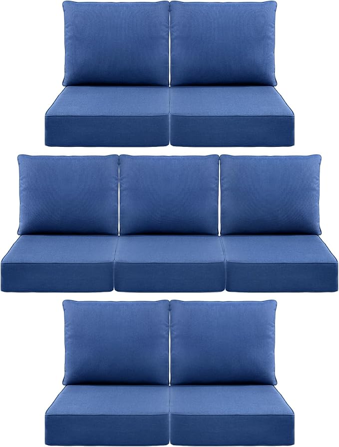 Luxury 6" Outdoor Cushions for Patio Furniture, 24x24x6 Thick Seat Cushion Set of 7, Fade Resistant Couch Chair Replacement Cushions High Density Deep Wicker Chair Cushion w/Removable Cover, Blue