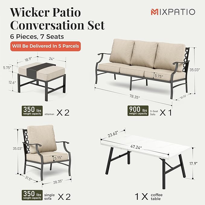 Patio Furniture Set 6 pcs, Outdoor Patio Furniture, 3-Seat Sofa, 2 Single Chairs, 2 Ottomans, Coffee Table and 5.75" Extra Thick Cushion, Patio Conversation Set,Beige