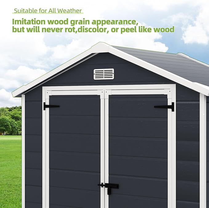 Outdoor Storage Shed 6x4.4FT, Resin Shed Plastic with Floor for Garden Tool,Waterproof Outdoor Resin Storage,Lockable Doors for Patio,Yard,Lawn (Darkgray 6x4)