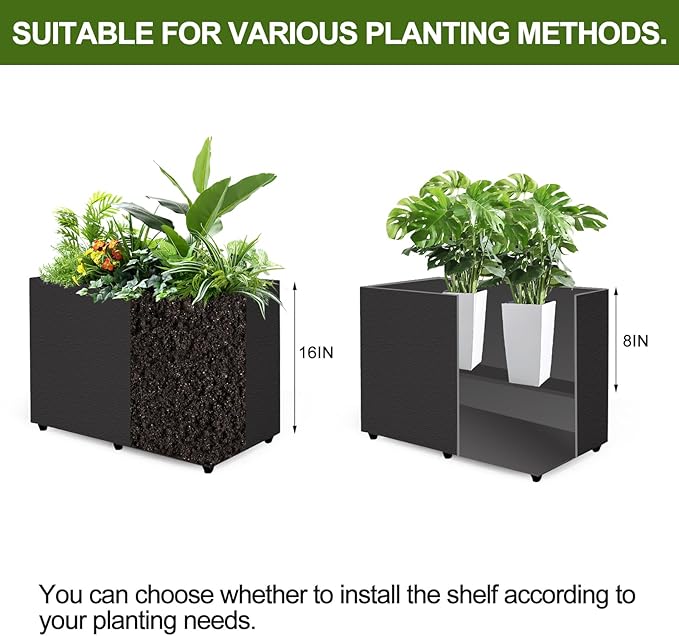 2 Pack Planter Box Rectangular Block - 24×16×12IN Galvanized Steel Long Planter Easy Installation Modern Outdoor Tall Planters All-Weather Use with Drainage Holes for Patio/Porch(Black)