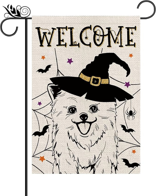 Halloween Garden Flag Pomeranian Cobweb Bats Double Sided Vertical Welcome Flag Seasonal Holiday Outdoor Yard Lawn Party Decorations 12.5 x 18 Inch