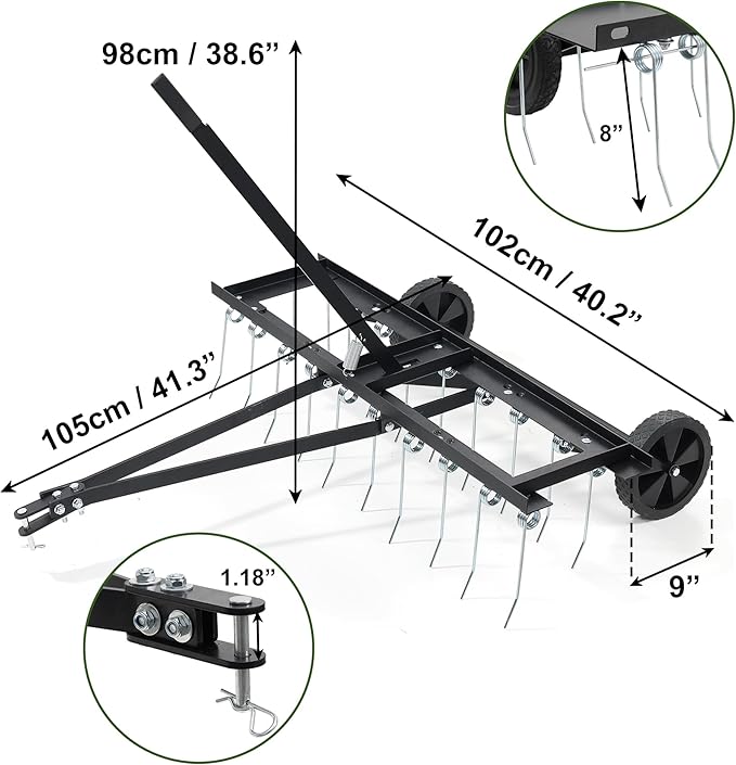 Lawn Dethatcher, 40-Inch Tow Behind Aerator with 20 Spring Steel Tines, Pull Dethatcher for Outdoor Yard Care, Lawn Sweeper to Remove Thatch, Leaves and Pine Needles, Black