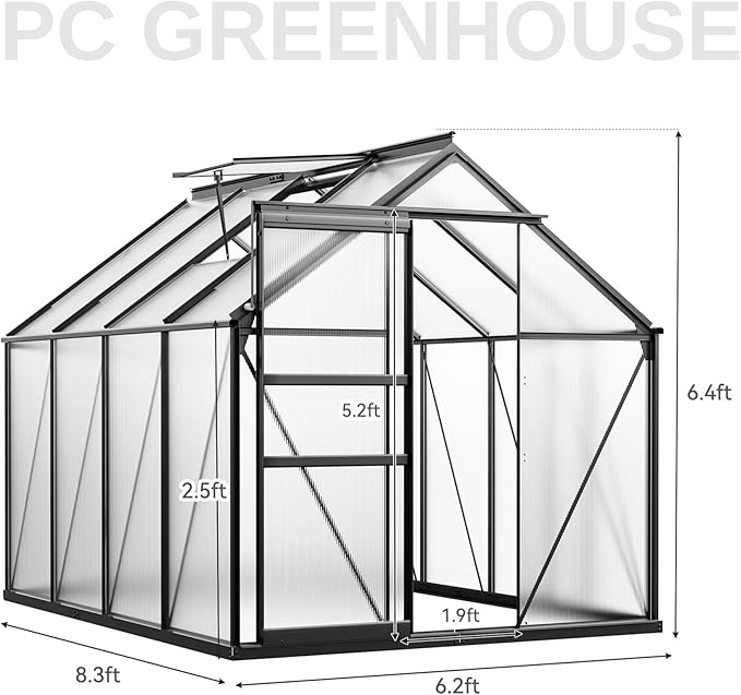YITAHOME Polycarbonate 6x8FT Greenhouse Heavy Duty Green Houses Outdoor Greenhouses Aluminum Sliding Doors Vent Window Premium Large Sun House for Garden Backyard, Black