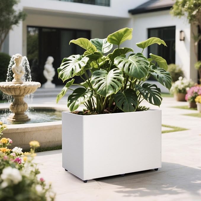 2 Pack Planter Box Rectangular Block - 24×16×12IN Galvanized Steel Long Box Planter Easy Installation Modern Outdoor Tall Planters All-Weather Use with Drainage Holes for Patio/Porch(White)