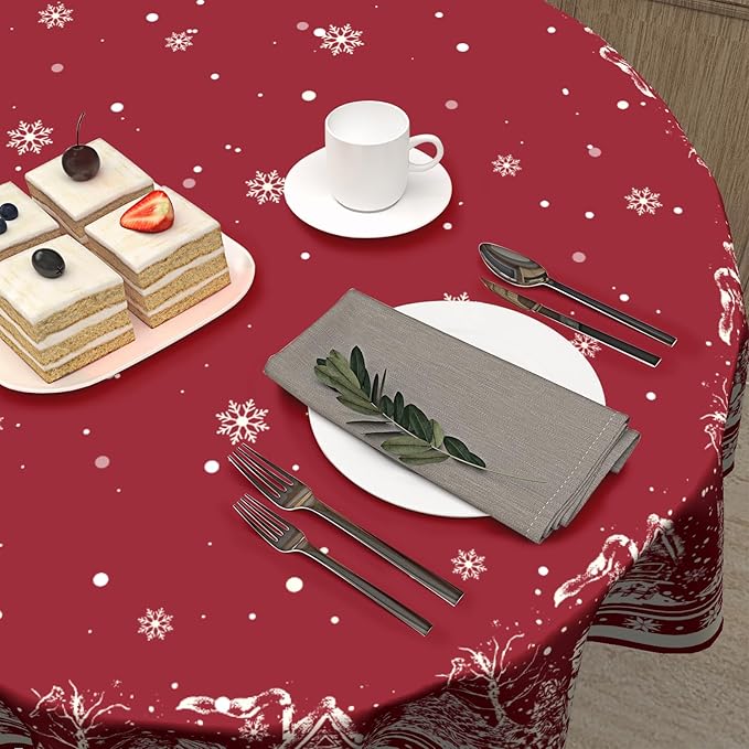 Giwawa Xmas Round Tablecloth 60 Inch, Farmhouse Red Snow House Snowflakes Holiday Washable Polyester Table Cover for Picnic Dinner Kitchen Winter Seasonal Party Tabletop Decoration