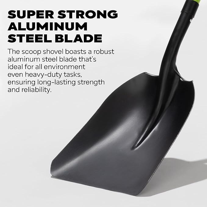 IDZO Aluminum Steel Scoop Shovel Heavy Duty, Ideal Height 44 1/2 Inches Metal Shovel with Strong Aluminum Steel Wide Blade, Durable Grain Shovel, Fiberglass D Handle with Ergonomic EPE Foam Grip